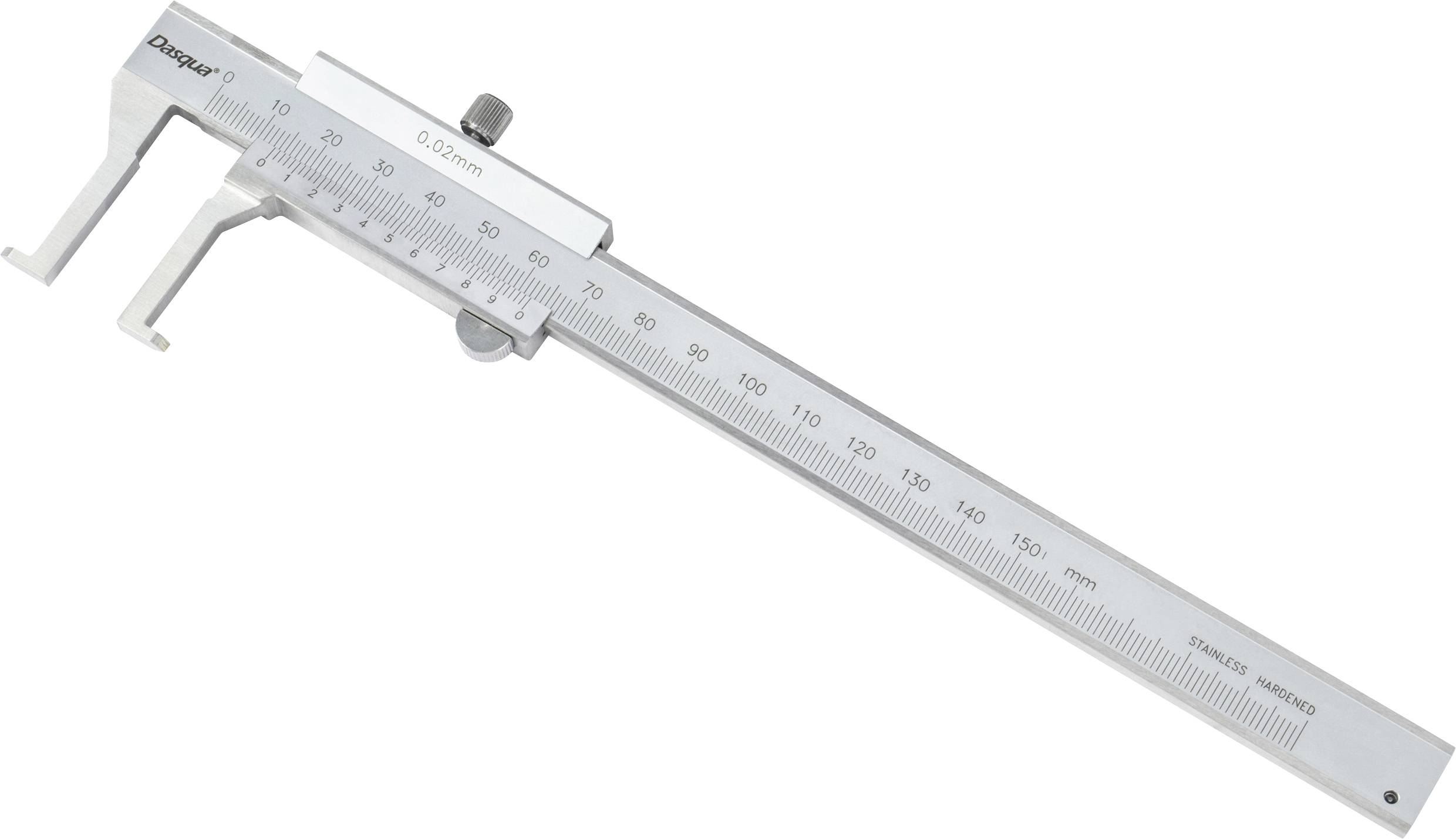 Een zilveren schuifmaat met een schaal en een stelschroef die van 0 tot 150 mm reikt, voor nauwkeurige lengtemeting.