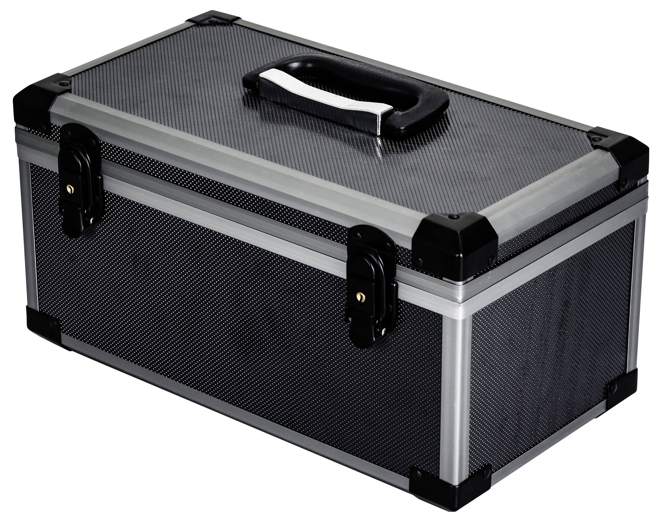 Een zwarte, rechthoekige gereedschapskist met draaggreep en twee sluitingen.