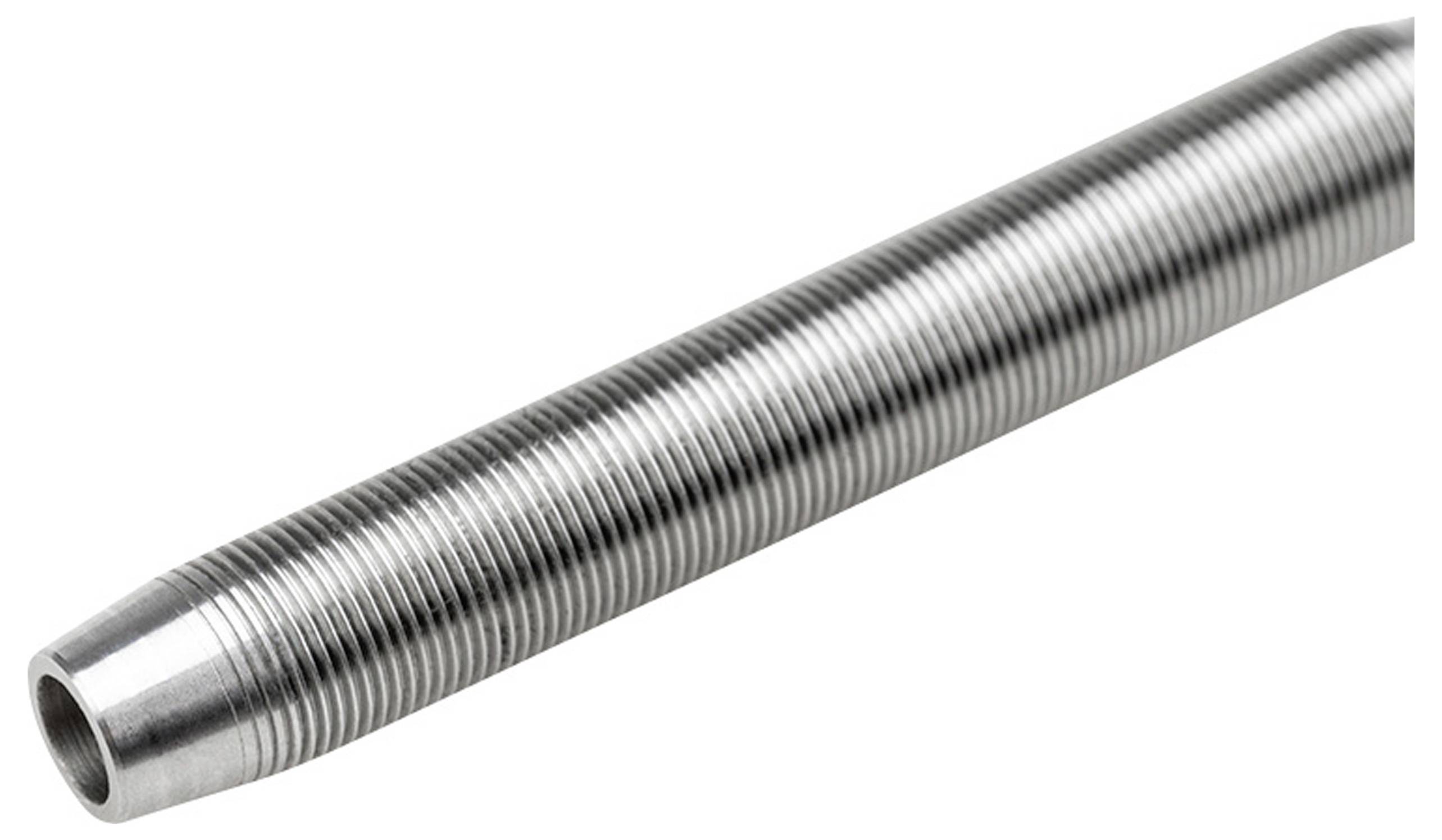 Metalen, cilindrische pijp met een doorlopende, gelijkmatige schroefdraadstructuur. Geschikt voor bevestigingsdoeleinden.