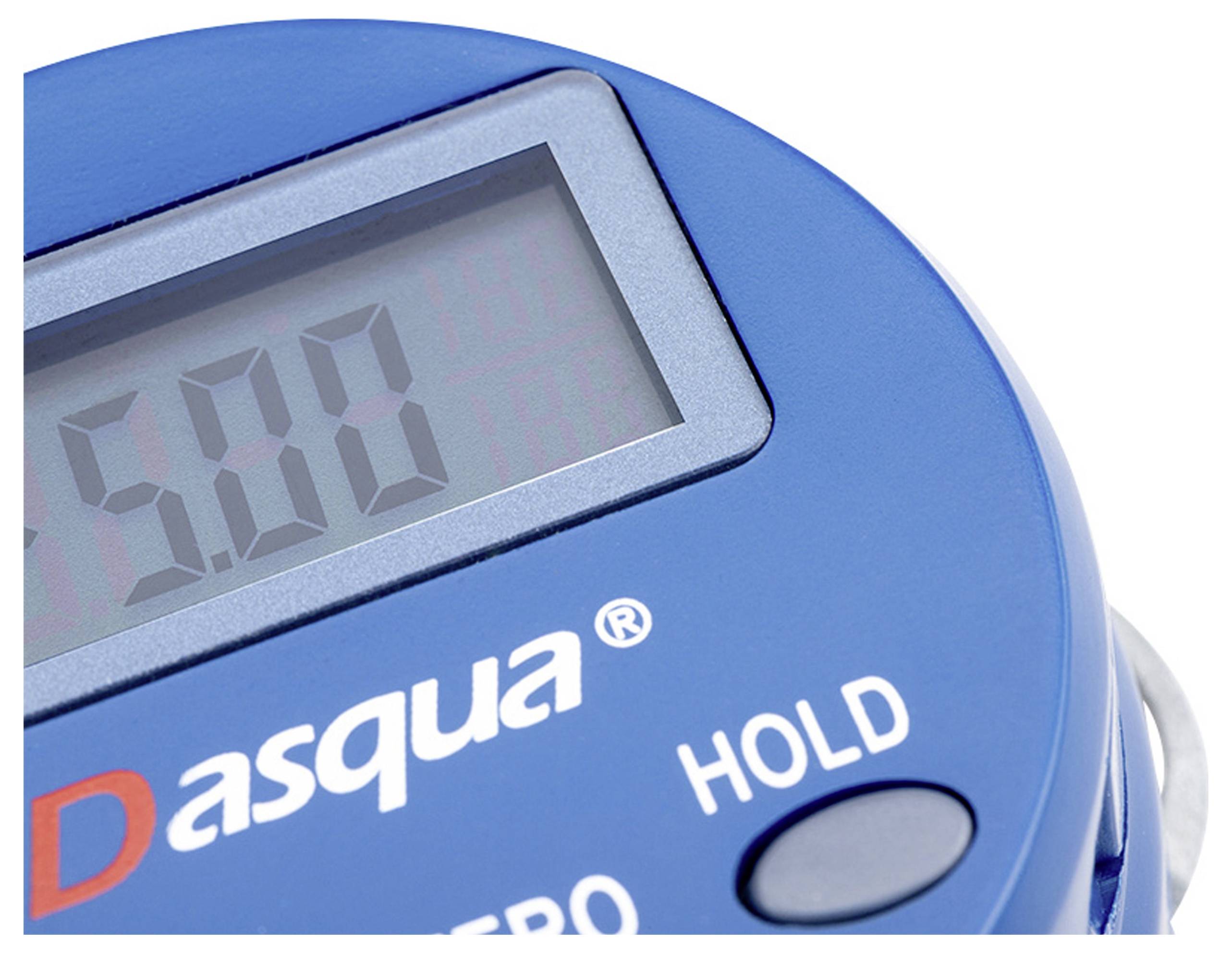 Digitale weergave met meetwaarde '5.00' op een blauw meetinstrument, merknaam zichtbaar.