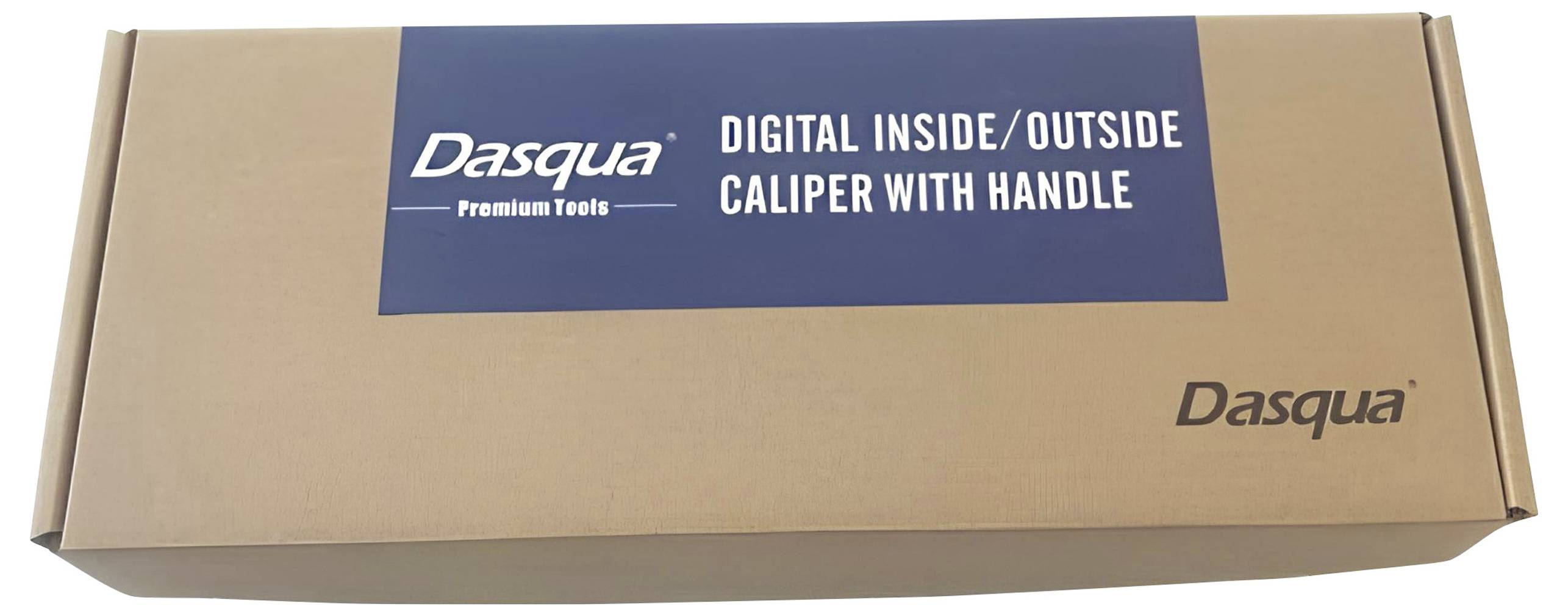 Bruine kartonnen doos met blauwe opdruk 'Dasqua Premium Tools Digitale Schuifmaat voor binnen- en buitenmetingen met handgreep'.