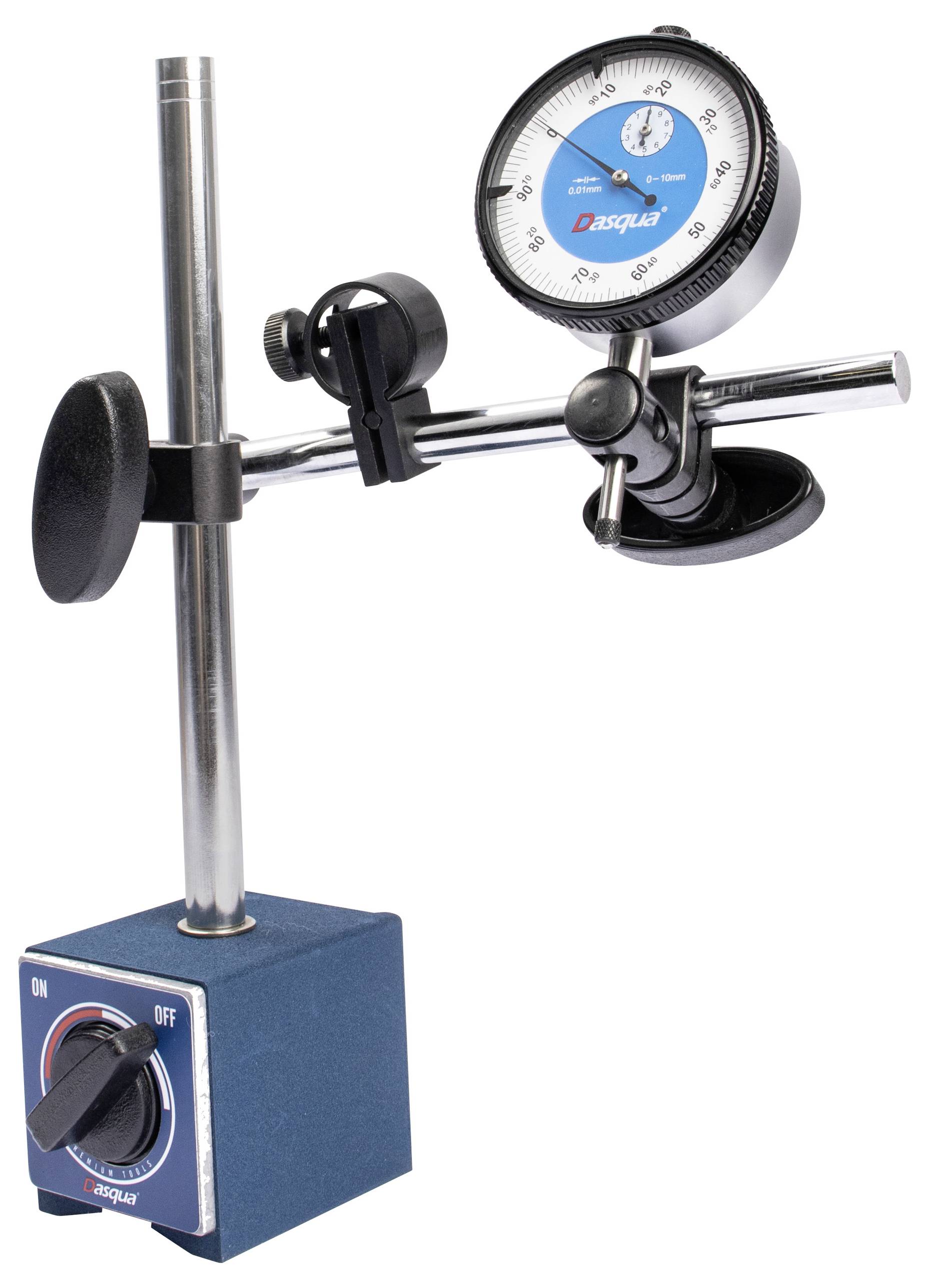 Meetinstrument bestaande uit een analoge wijzerplaat, bevestigd aan een verstelbare standaard met een magneetvoet.