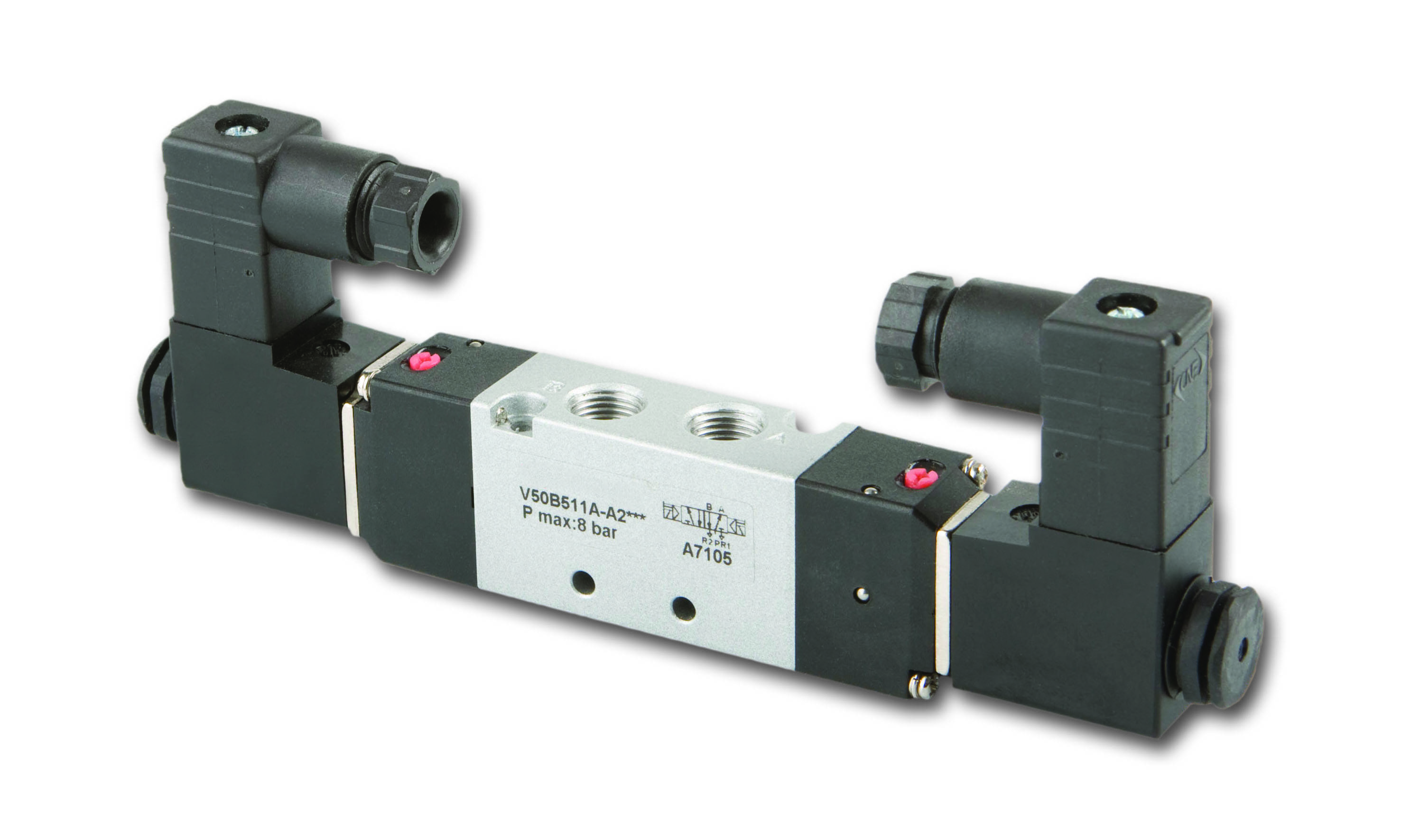 Elektromagnetisch ventiel met twee zwarte spoelen aan de uiteinden en een zilverkleurig middenstuk. Gemarkeerd met 'VSD08S11-A' en 'P max 8 Bar'.