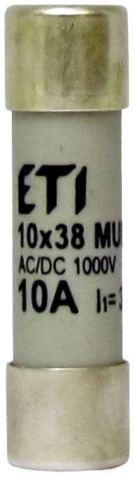 Zekering met opschrift 'ETI 10x38 MUR AC/DC 1000V 10A I=3'.