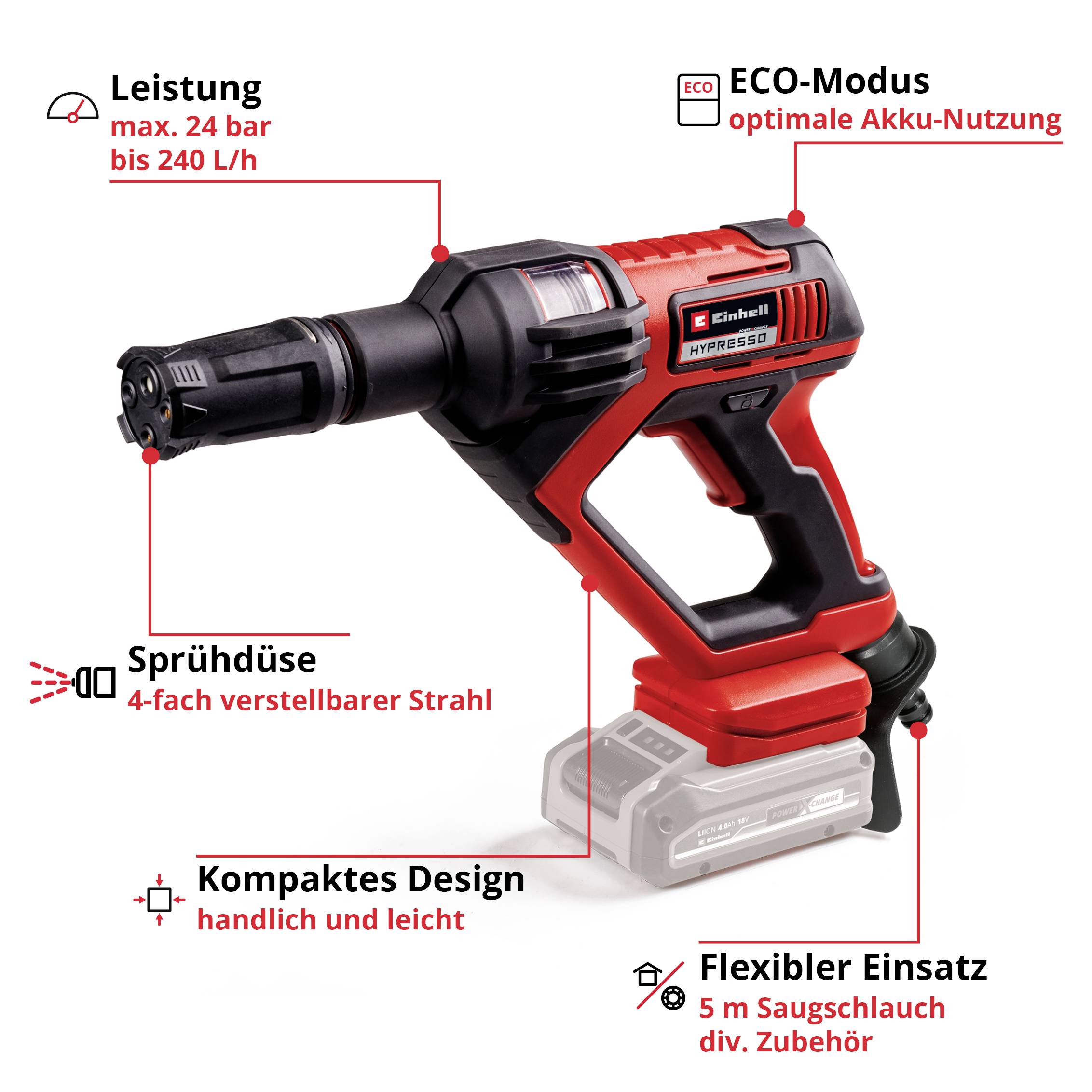 'Einhell HYDROSP 350' Accu-Hogedrukreiniger in Rood-Zwart. Max. vermogen: 24 bar, tot 240 L/u. ECO-modus, verstelbare sproeimond, compact ontwerp, flexibel inzetbaar met 5m slang.