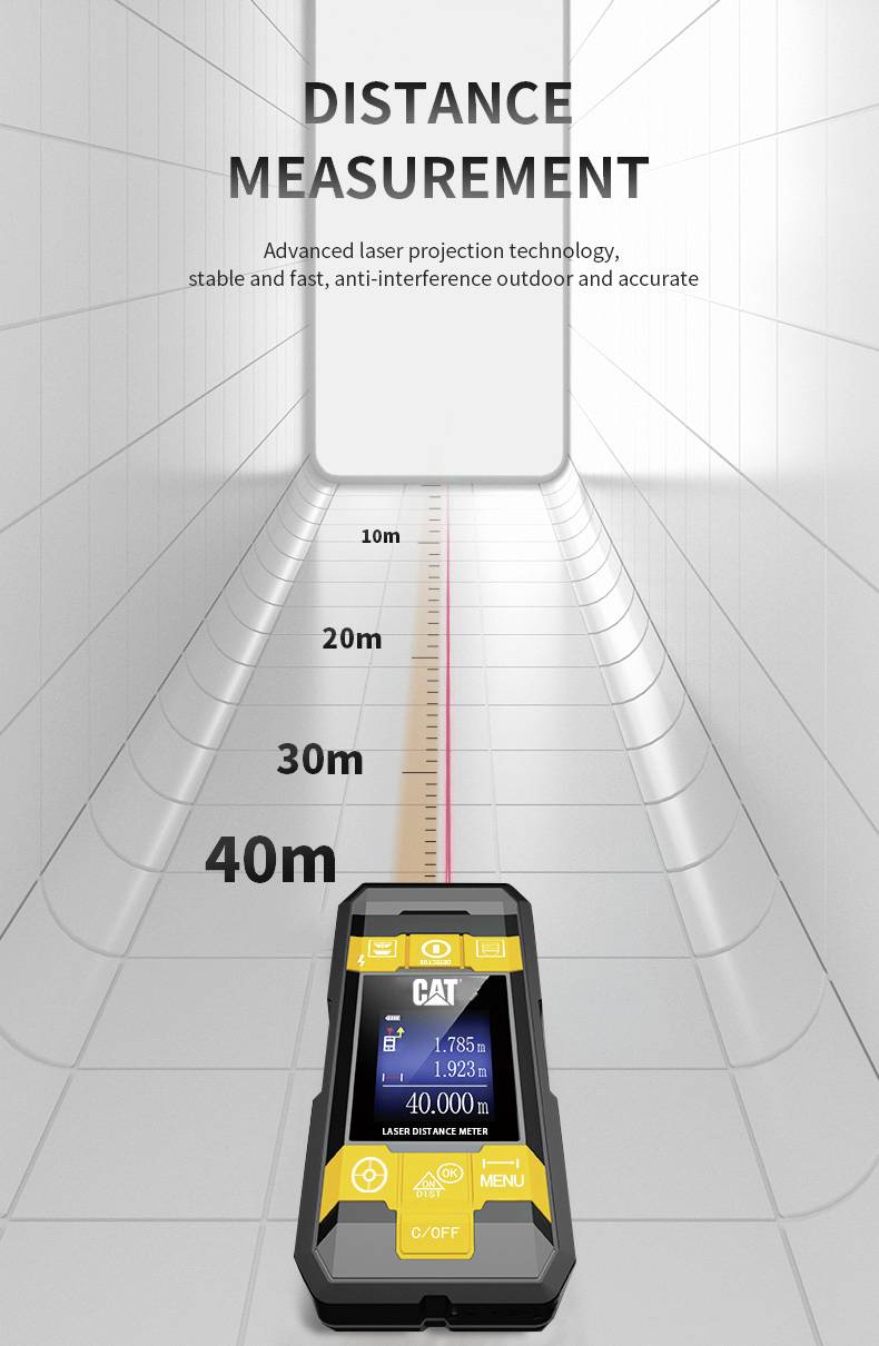 Een digitaal laser-afstandsmeetapparaat meet afstanden in een lange, witte corridor van 10 tot 40 meter.