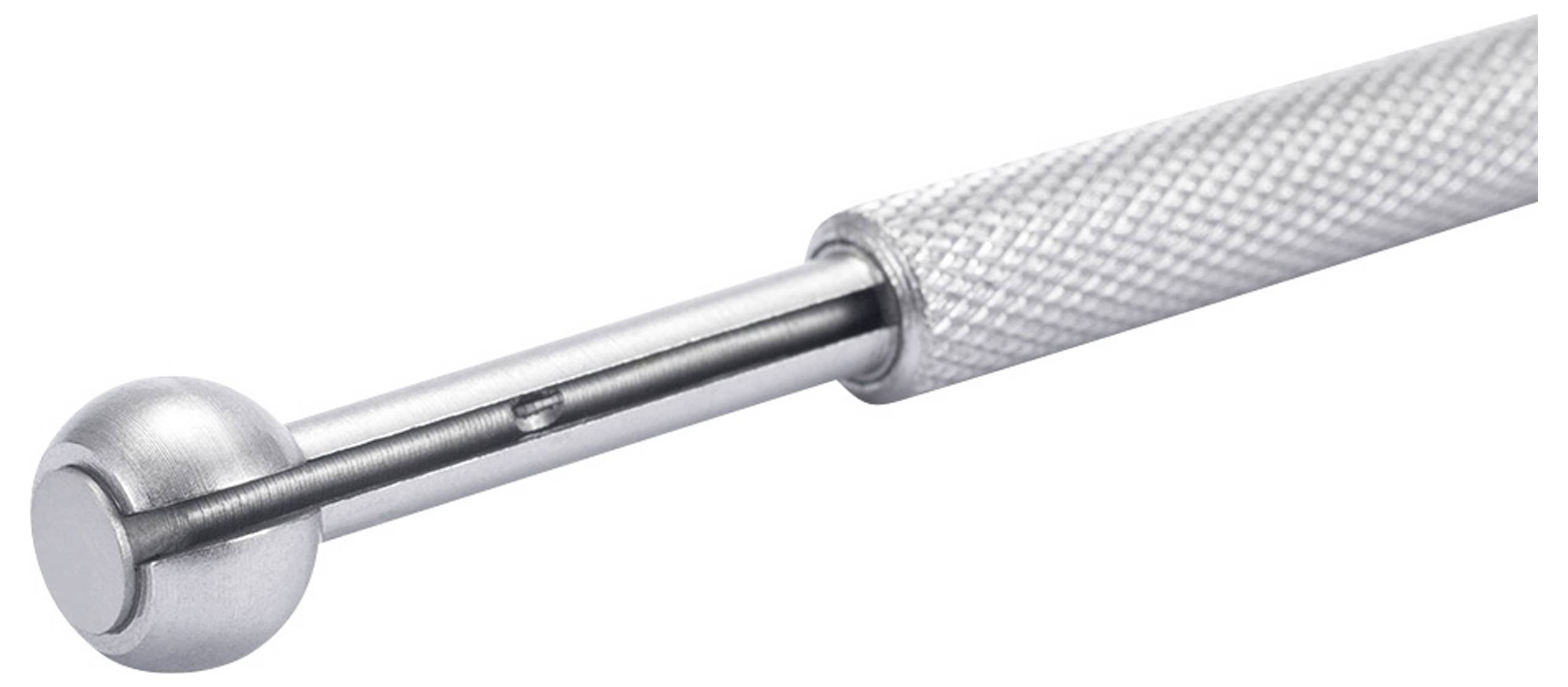 Metalen staaf met gegroefde handgreep en bolvormig uiteinde, mogelijk een gereedschap of instrument voor precisiewerk.