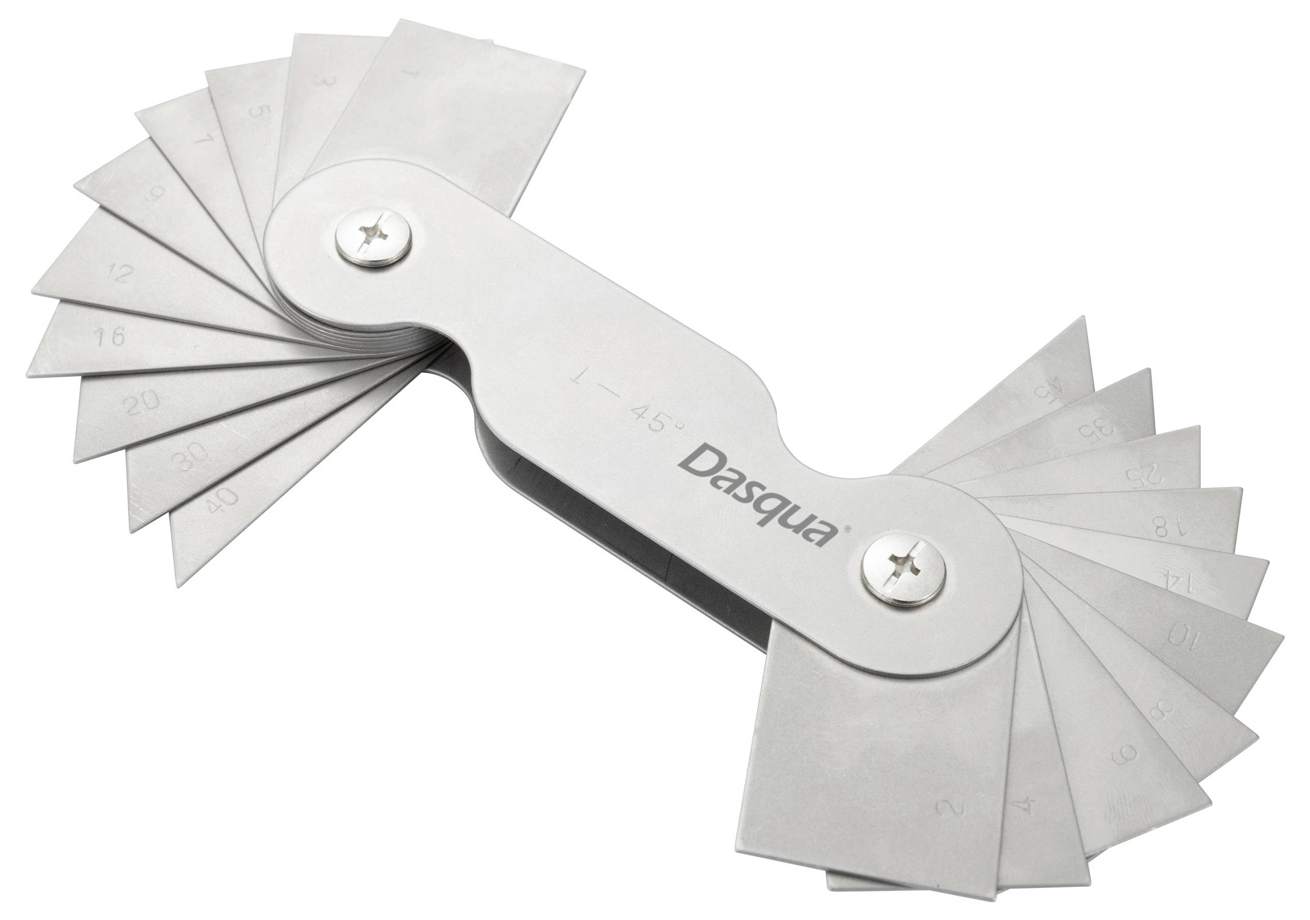 Een voelhebelmetingsapparaat met meerdere metalen bladen van verschillende diktes, bijeengehouden door een centrale schroef.