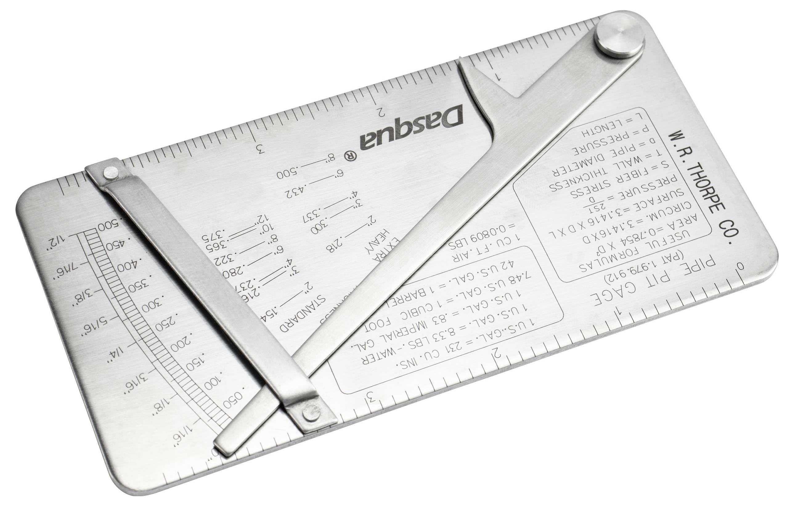 Metalen meetinstrument met schaal en schuifhendel voor het meten van buisschroefdraad en dikte. Bevat ingeslagen maten en conversietabellen.