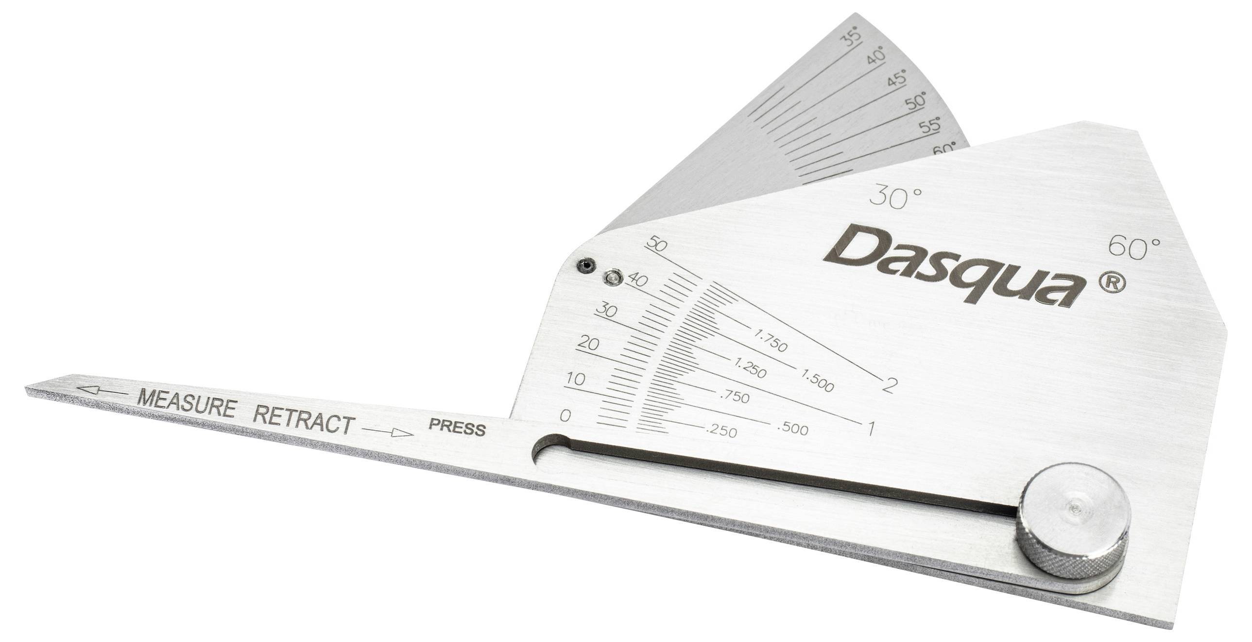 Snelfan-meetinstrument met gemarkeerde hoekschalen van 0-90 graden. Het hoofdblad toont 'METEN' en 'INTREKKEN', met een instelknop.