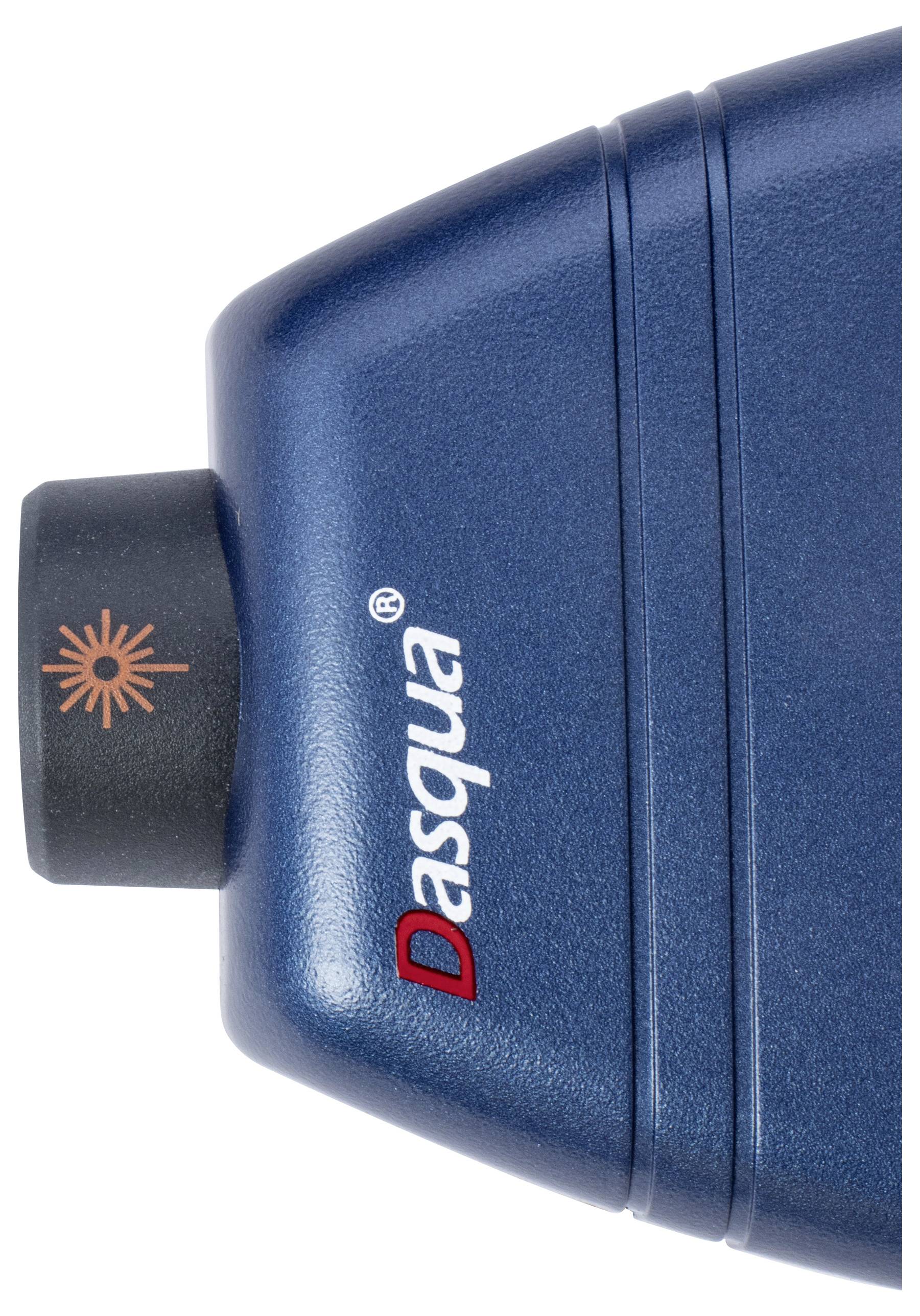 Een blauw elektronisch apparaat met het logo 'Dasqua' en een symbool dat waarschijnlijk een laserwijzer voorstelt.