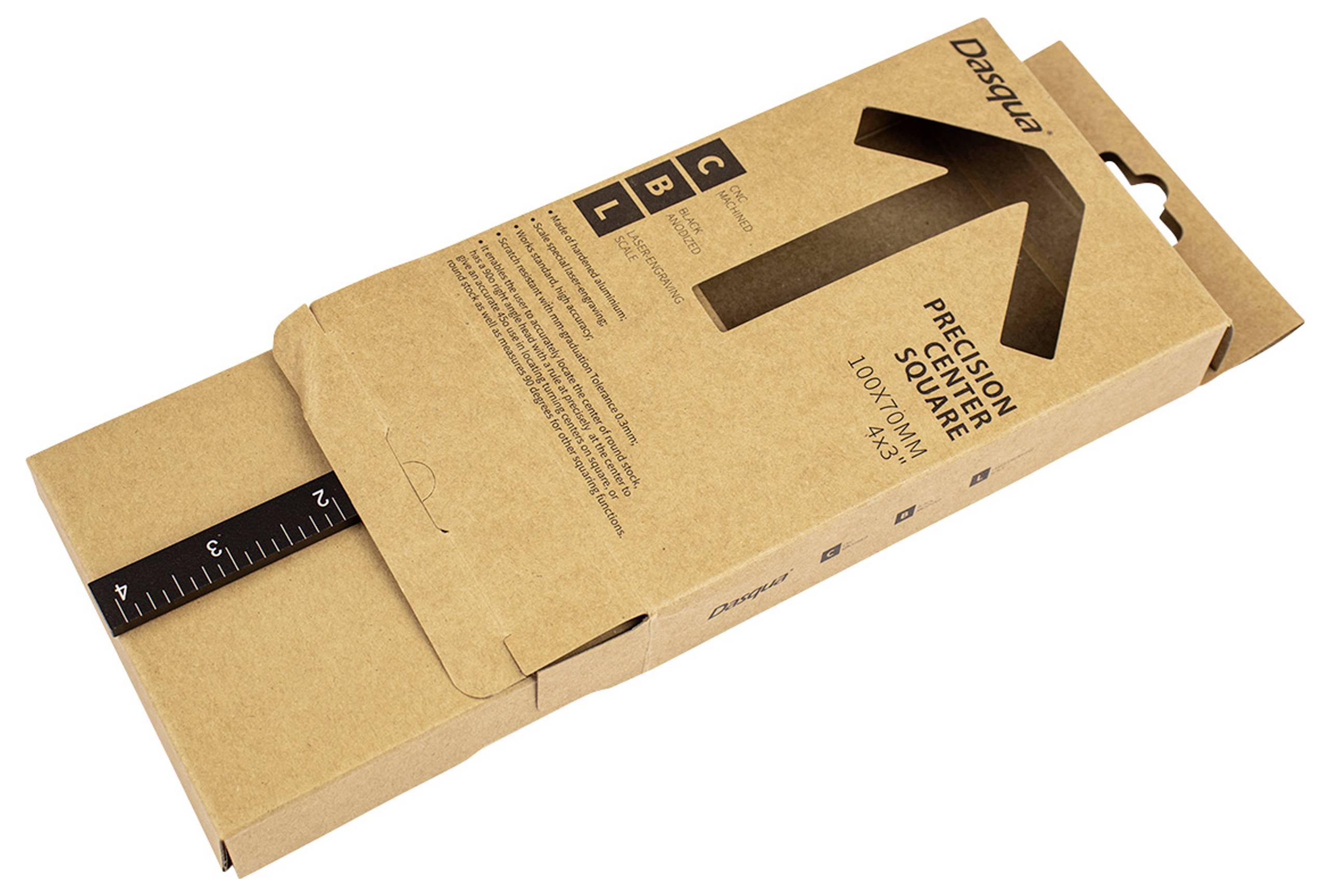 Verpakking van een precisiehoeksmeter van het merk Dasqua, gemaakt van karton met zichtbare schaal. Bevat specificaties en informatie.