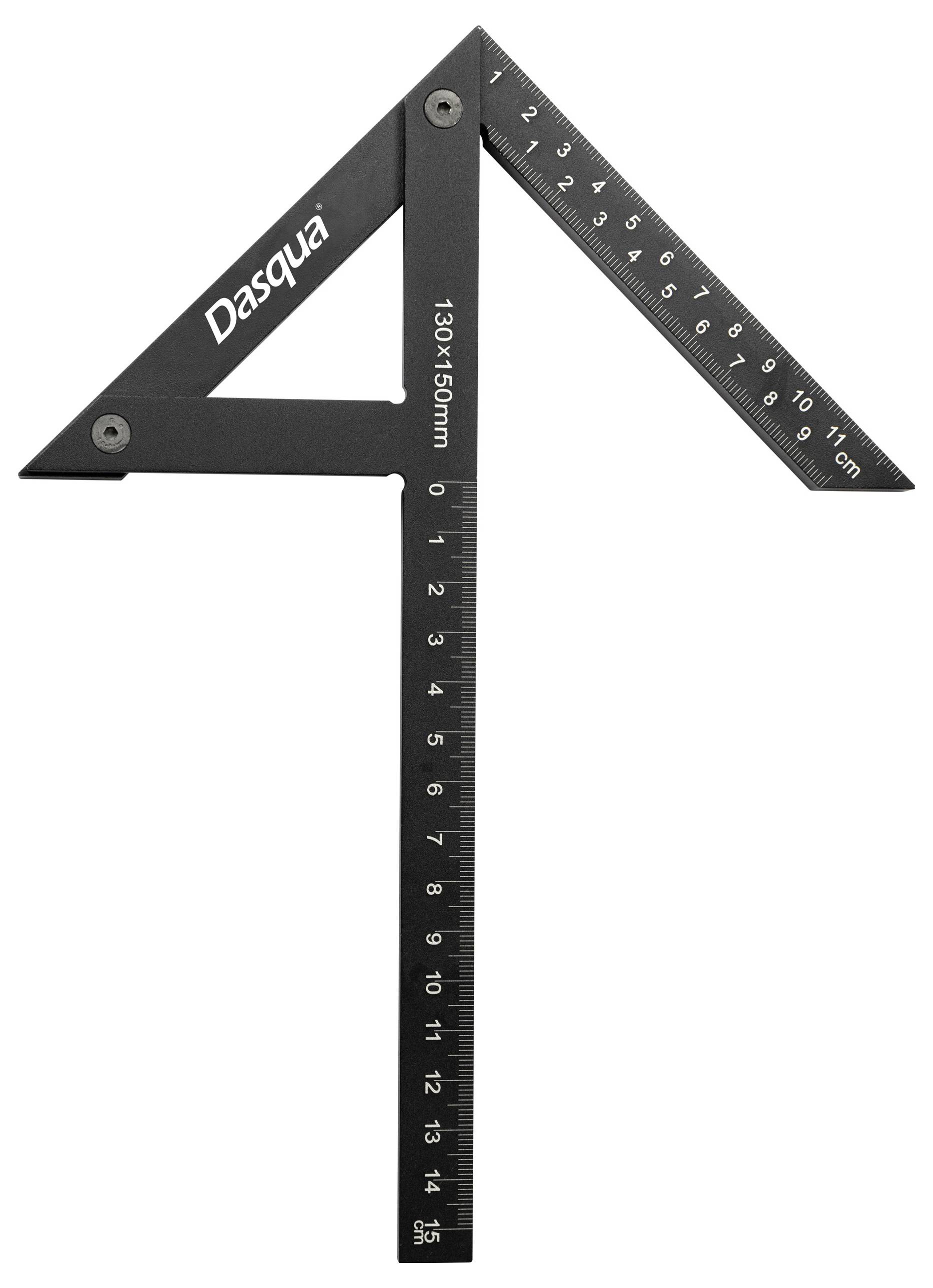 Een zwarte, driehoekige liniaal met gradenboog, een beenmarkering tot 13 cm en nog een tot 16 cm, merknaam 'Dasqua'.