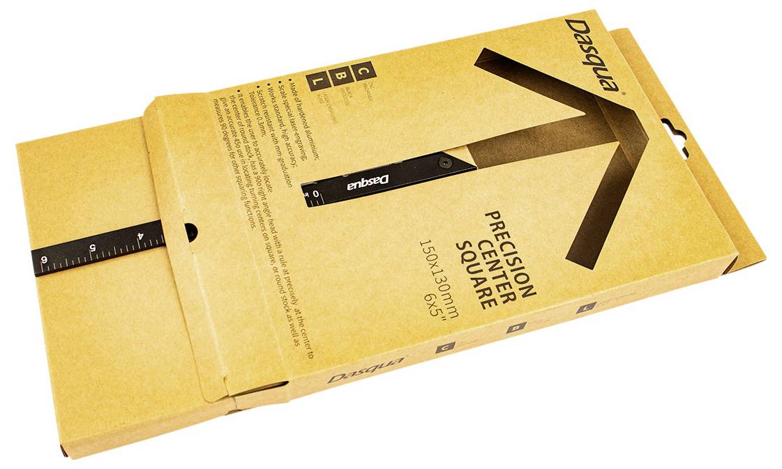 Verpakking van een 'Precision Center Square' van Dasqua, een gereedschap voor nauwkeurige bepaling van middelpunten, afmeting 150x133 mm.