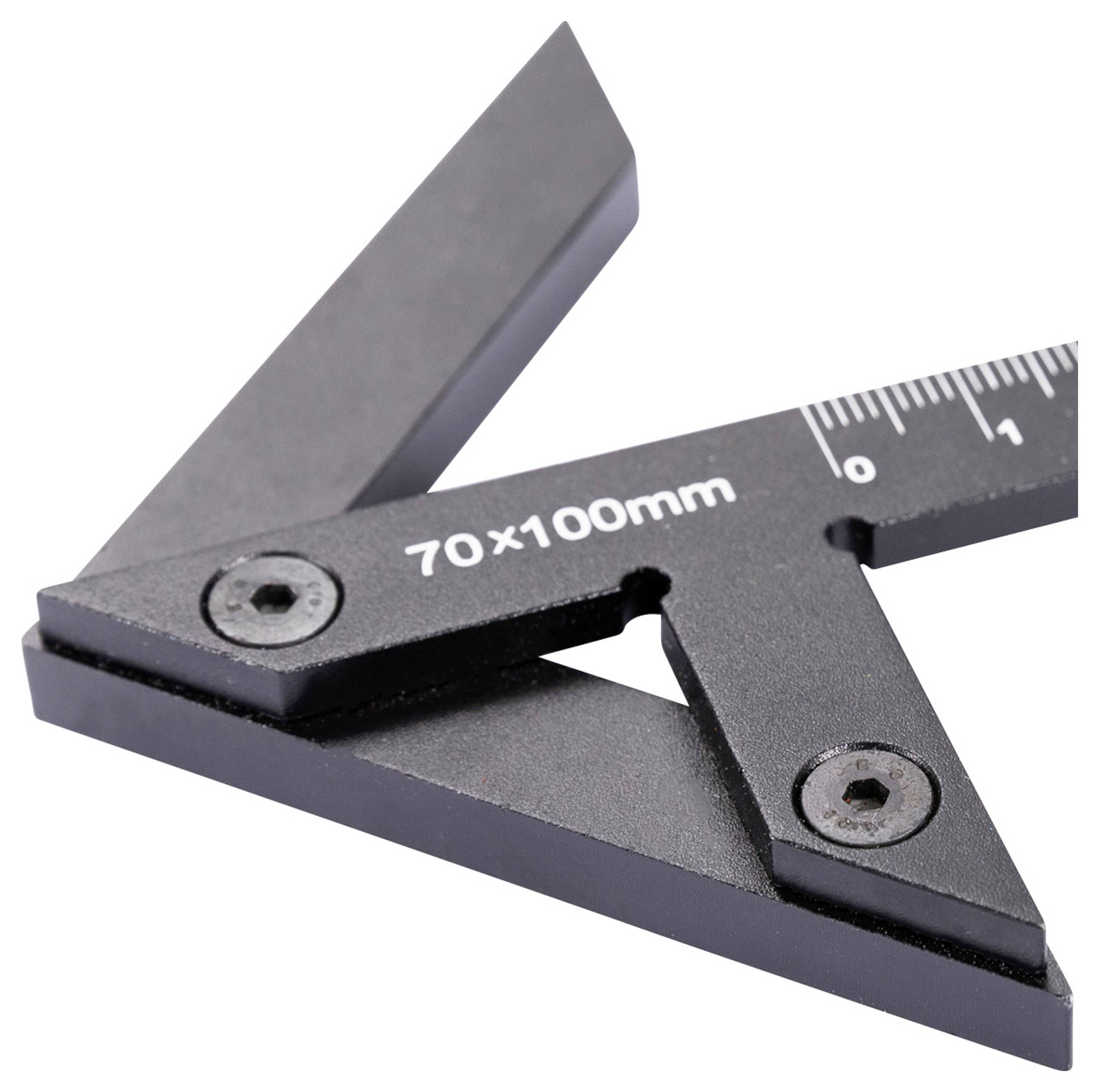 'Hoekmeter van metaal met schaal, gemarkeerd met 70 x 100 mm.'