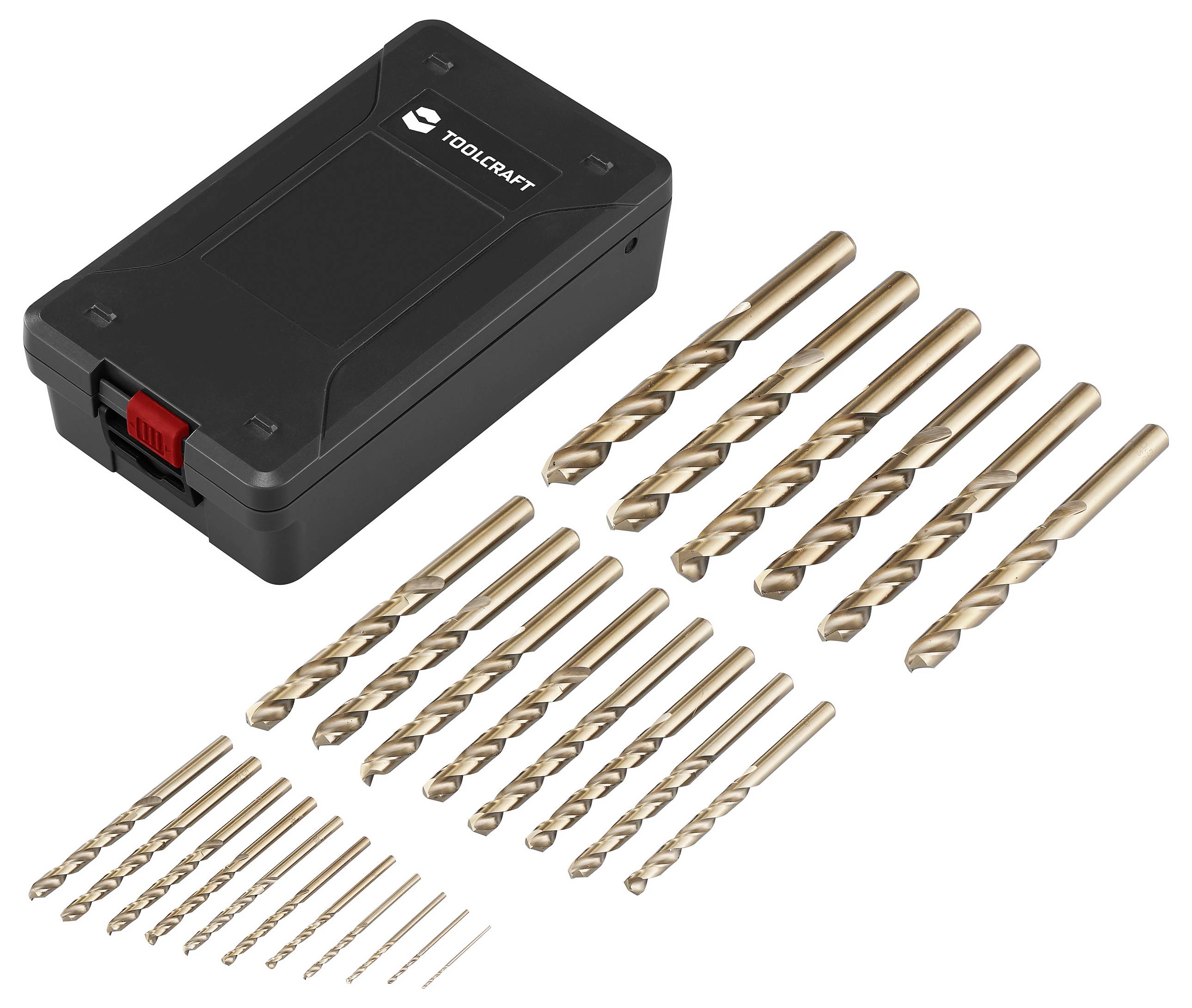 Een set van 25 goudkleurige boormessen in verschillende maten netjes gerangschikt naast een zwarte doos met TOOLCRAFT-merk.