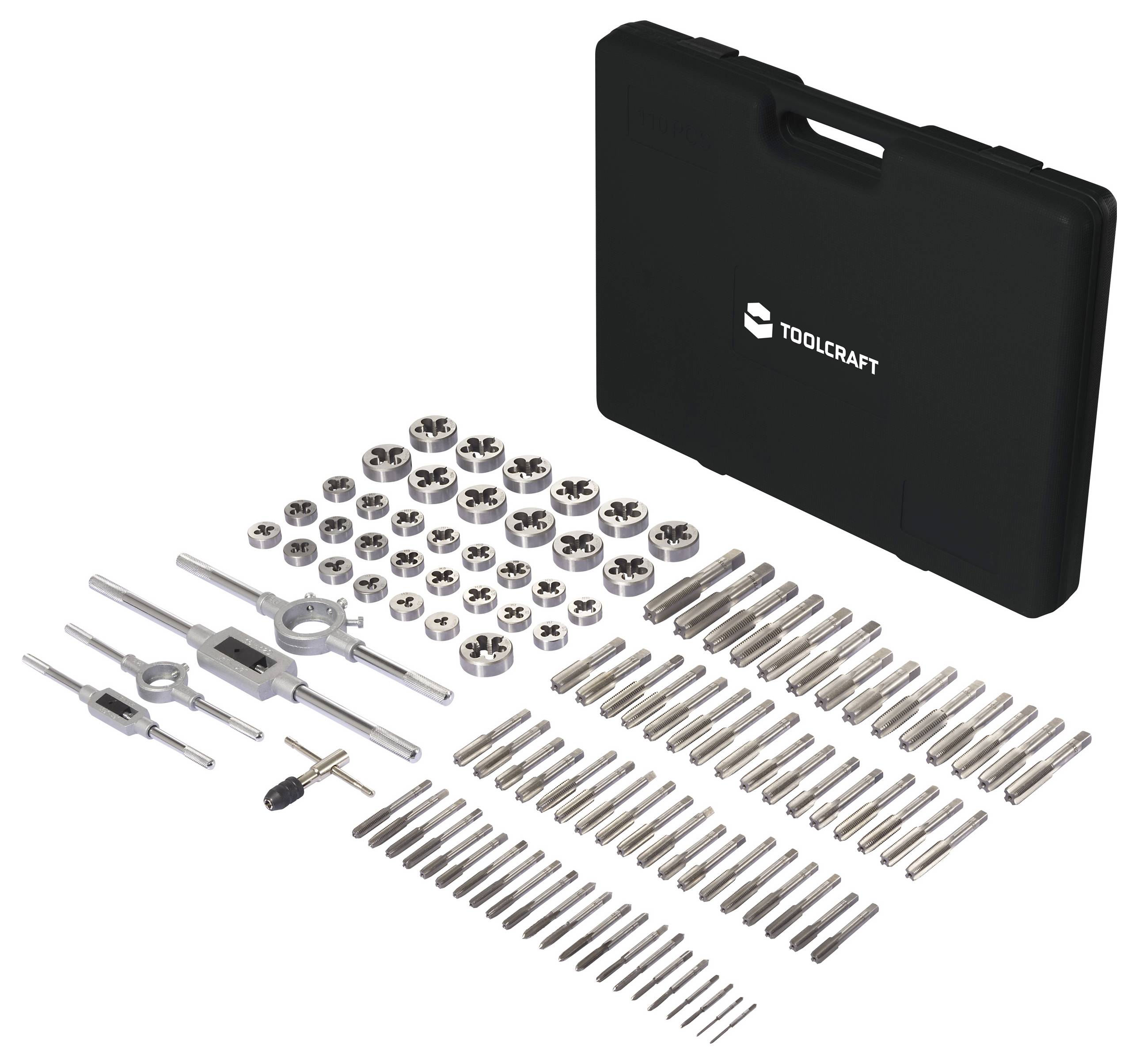 Gereedschapskoffer met schroefdraadsnijset, bestaande uit snijplaten, schroefdraadtappen en houders, geschikt voor nauwkeurig schroefdraad snijden.