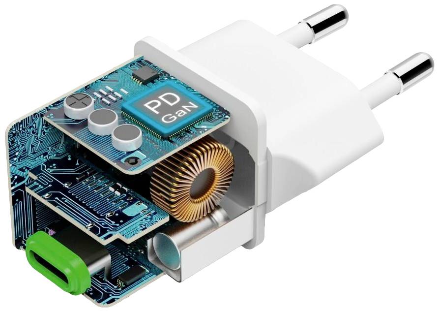 Doorsnede van een USB-voeding die de interne elektronica met koperen spoelen en schakels toont. Opschrift 'PD GaN'.
