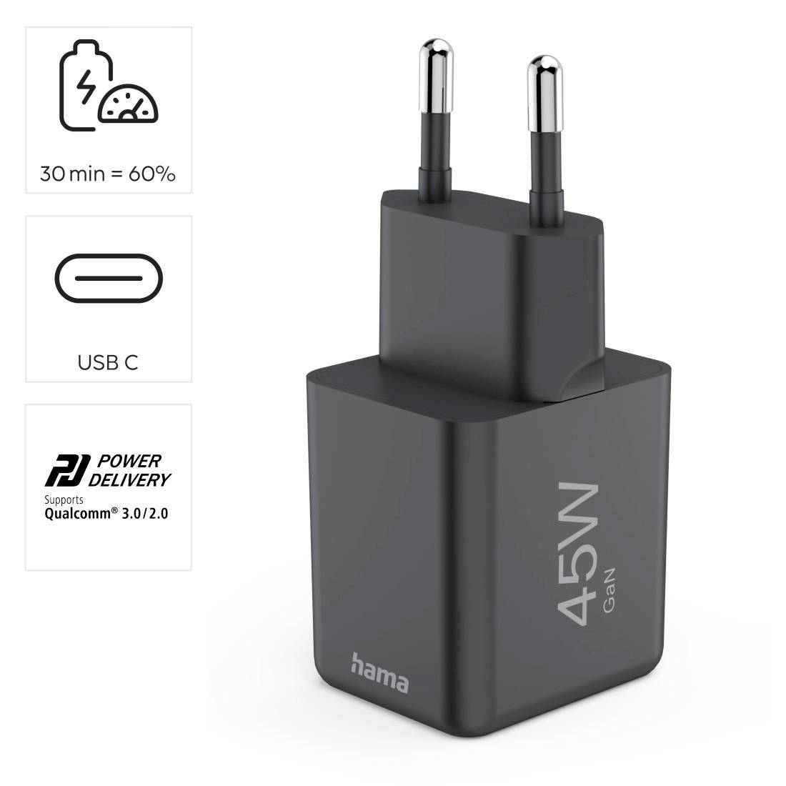 Zwart 45W USB-C-oplaadapparaat. Ondersteunt Power Delivery en Qualcomm 3.0/2.0. Laadt 60% op in 30 minuten. Geschikt voor snel opladen.