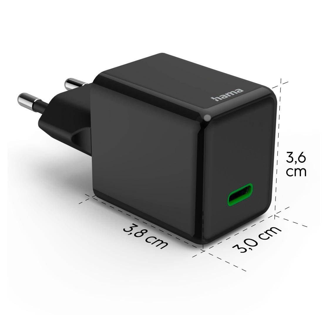 Een zwarte USB-C-oplader met afgeronde randen, opschrift 'hama'. Afmetingen: 3,8 x 3,6 x 3,0 cm.