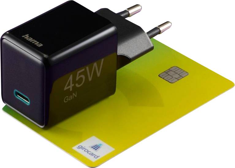 Een zwarte 45W GaN-oplader met een gele USB-C-aansluiting ligt op een gele giropas.