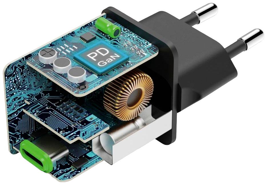 Een gedemonteerde oplader onthult interne componenten zoals printplaten, schakelingen en aansluitingen. Bovenaan staat 'PD GaN'.
