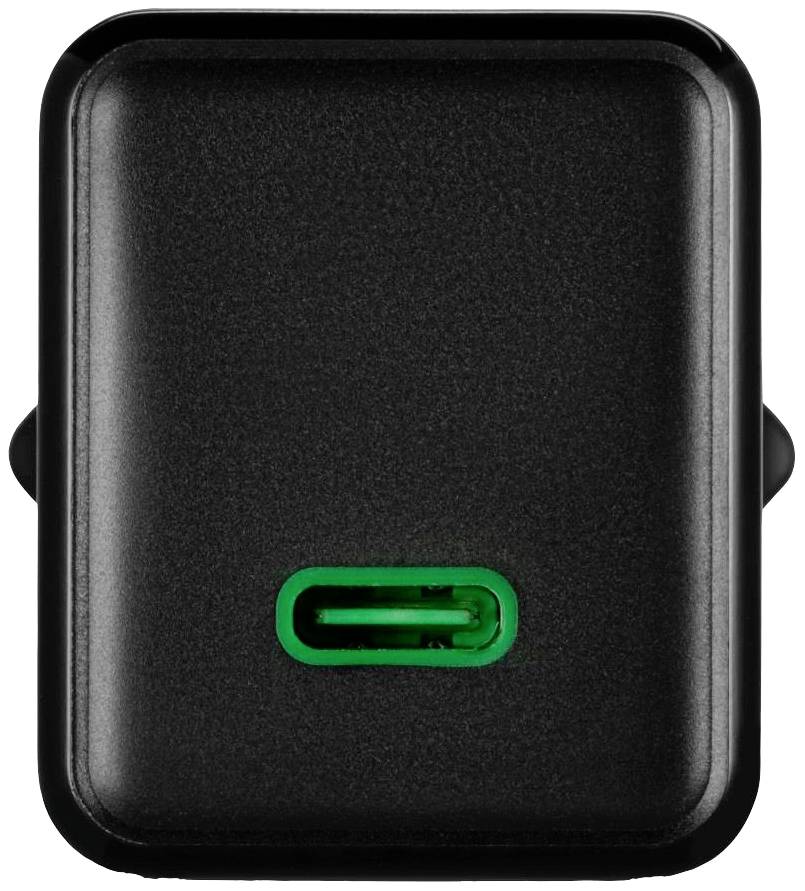 Een zwarte wandlader met een USB-C-aansluiting, omgeven door een groene lichtrand.