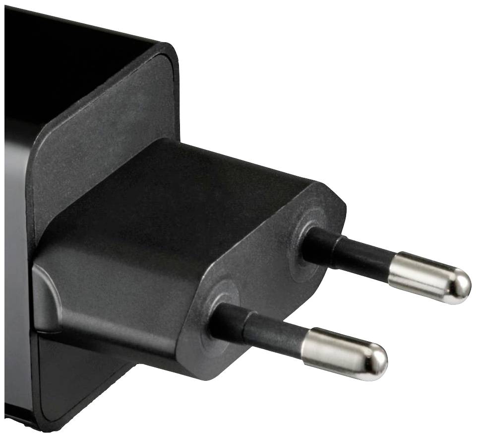 Een zwarte voedingsadapter met Europlug, geschikt voor Europese stopcontacten.