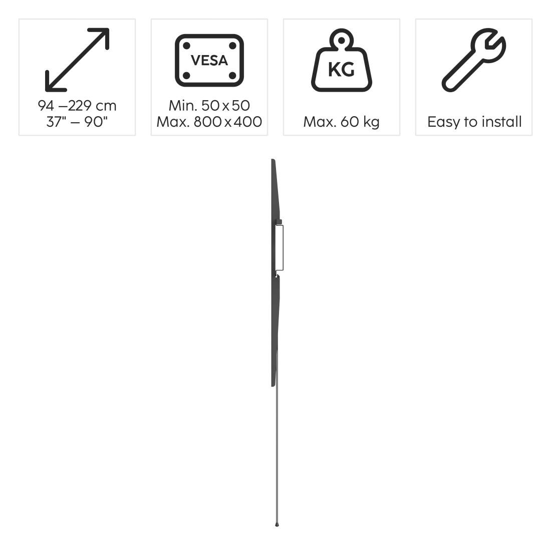 De grafiek toont een tv-beugel. Hij is geschikt voor schermen van 37'' tot 90'', VESA-compatibel, kan tot 60 kg dragen en is gemakkelijk te monteren.
