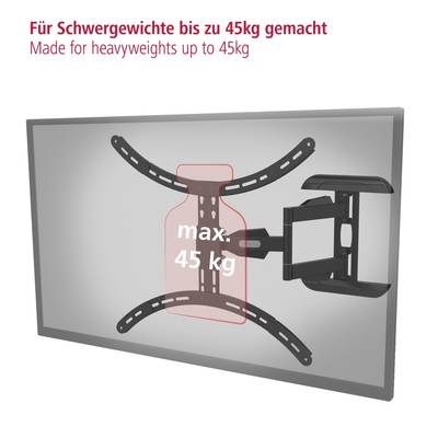 Illustratie van een tv-wandsteun die televisies tot 45 kg kan dragen, met tekst: 'Gemaakt voor zware toestellen tot 45 kg'.