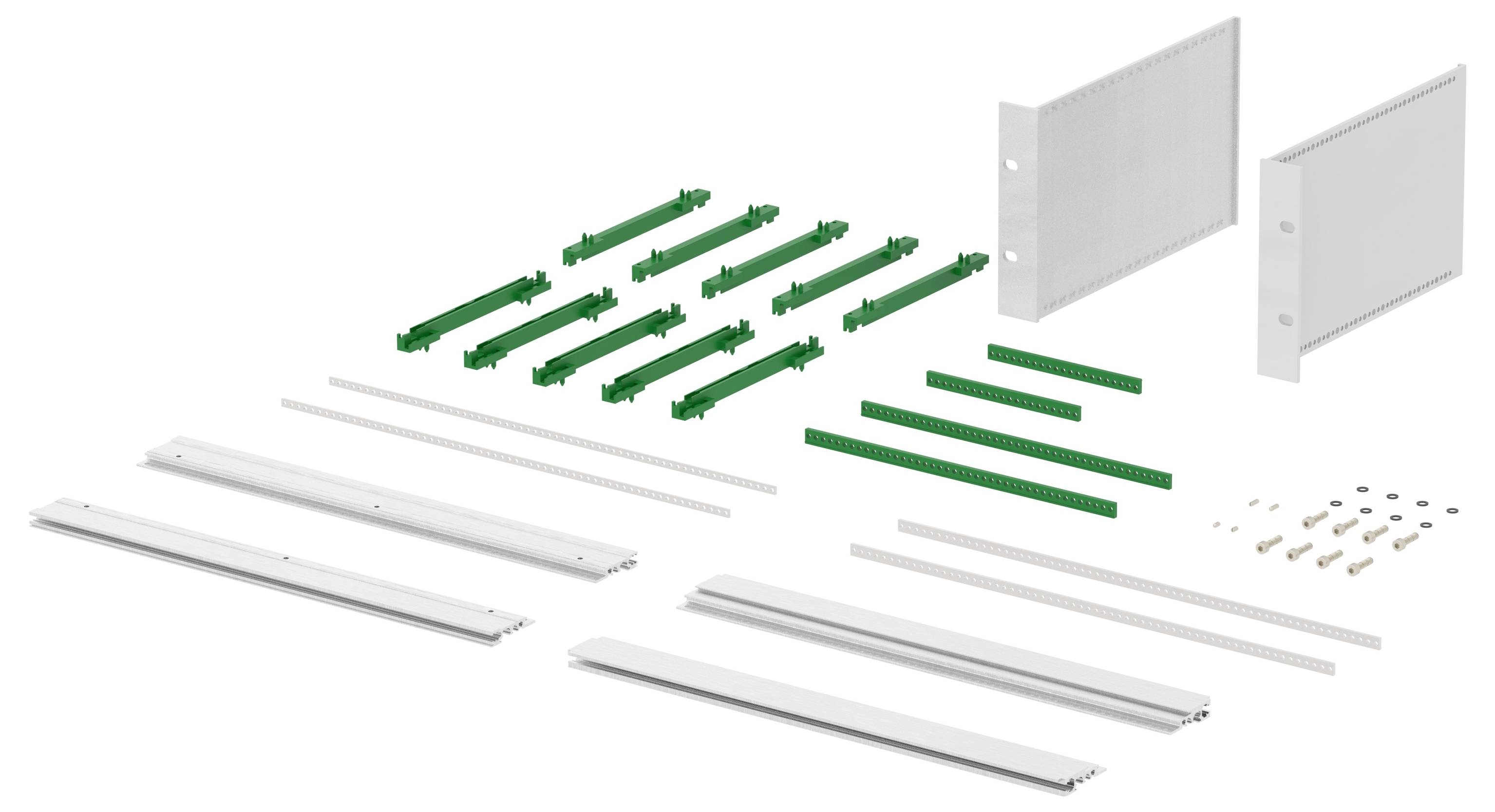 Onderdelen van een modulair ladesysteem weergegeven, inclusief panelen, rails, verbindingsstukken en schroeven, afzonderlijk gerangschikt voor assemblage.