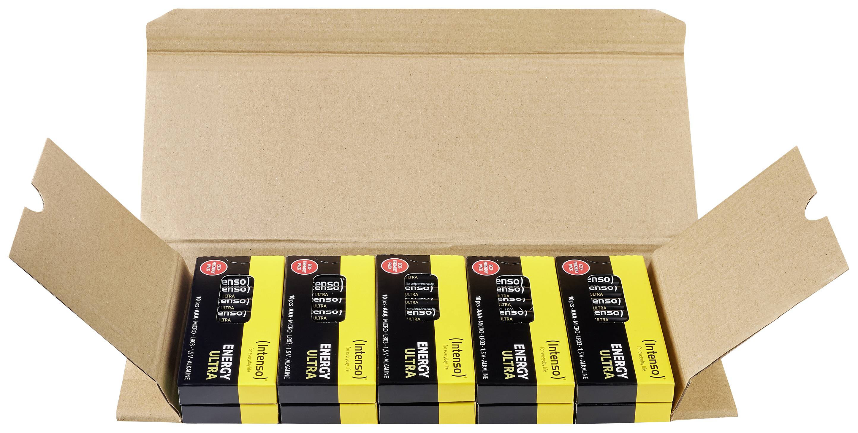 Kartonnen doos met zes gele en zwarte batterijverpakkingen, gemerkt met 'Energy Ultra'; voor consumentenverzending.