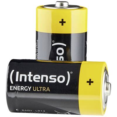 Twee gele en zwarte batterijen van het merk 'Intenso', model 'Energy Ultra', type C, staan naast elkaar.