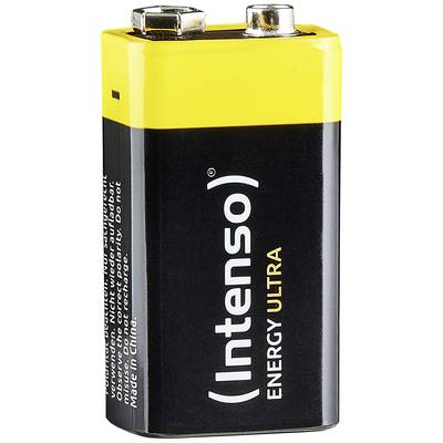 Geel-zwarte 9-volt-batterij van het merk Intenso, model Energy Ultra, verticaal staand met zichtbare polen aan de bovenkant.