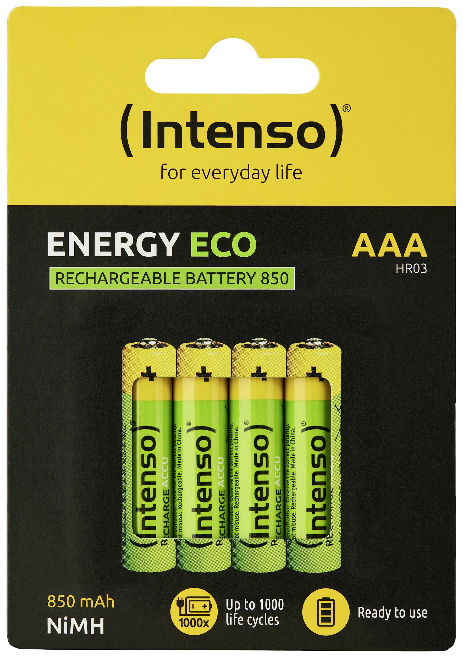 'Intenso' oplaadbare AAA-batterijen op zwarte verpakking, capaciteit 850 mAh, NiMH, tot 1000 laadcycli.