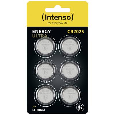 'Intenso CR2025 Lithium Button Cell Battery Pack with six batteries, 3V, child-safe.'