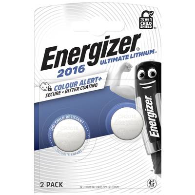 'Productverpakking voor Energizer 2016 Ultimate Lithium-batterijen, 2-pack, met veiligheids- en smaaklaag.'