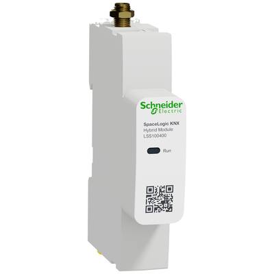 Wit elektronisch module met Schneider Electric-logo, QR-code en opschrift 'SpaceLogic KNX Hybrid Module LSS100400'.