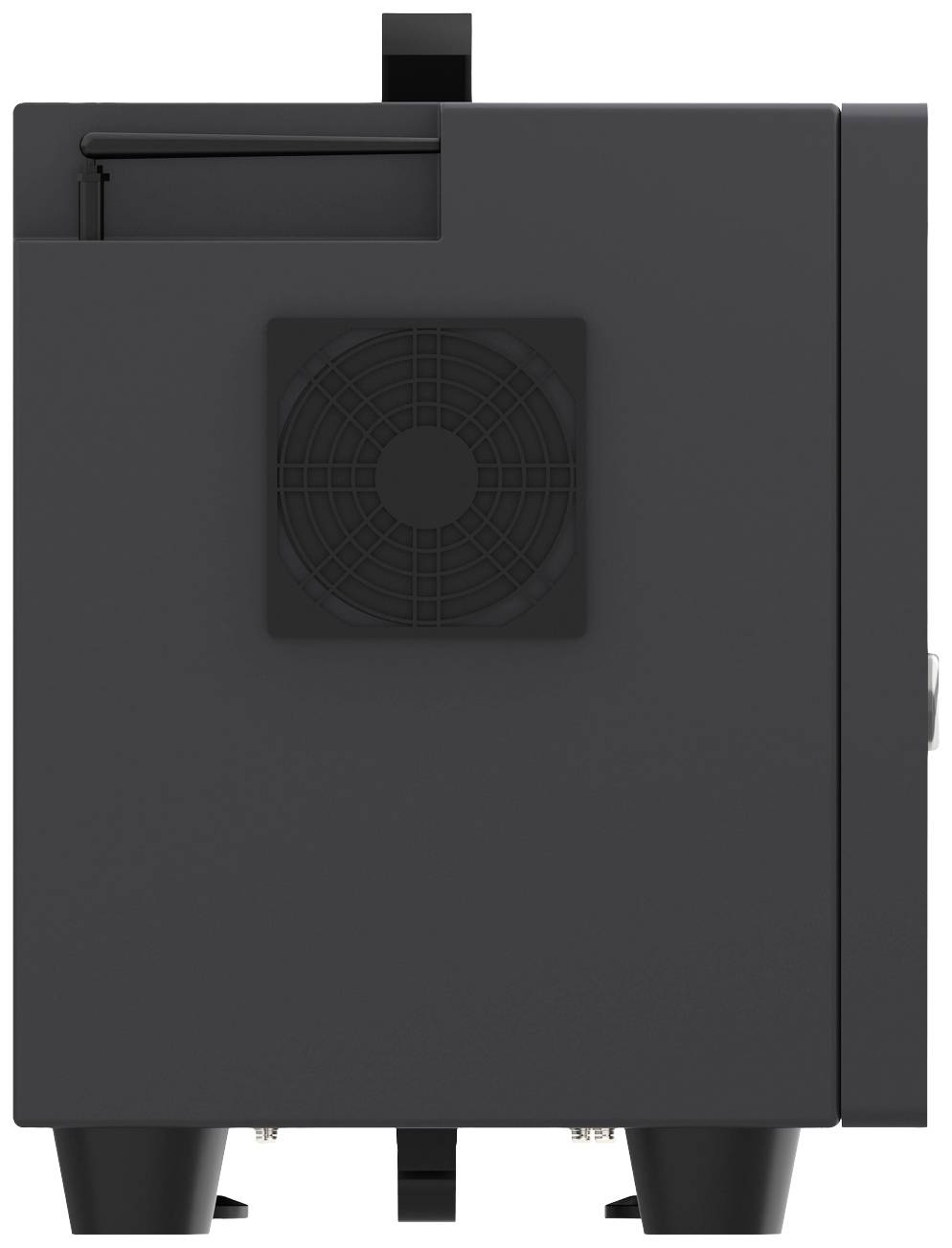 Zwart-grijze technische apparatuur van opzij gezien. Zichtbaar: ventilator en aansluitcomponenten. Functie en exacte afmetingen niet duidelijk.