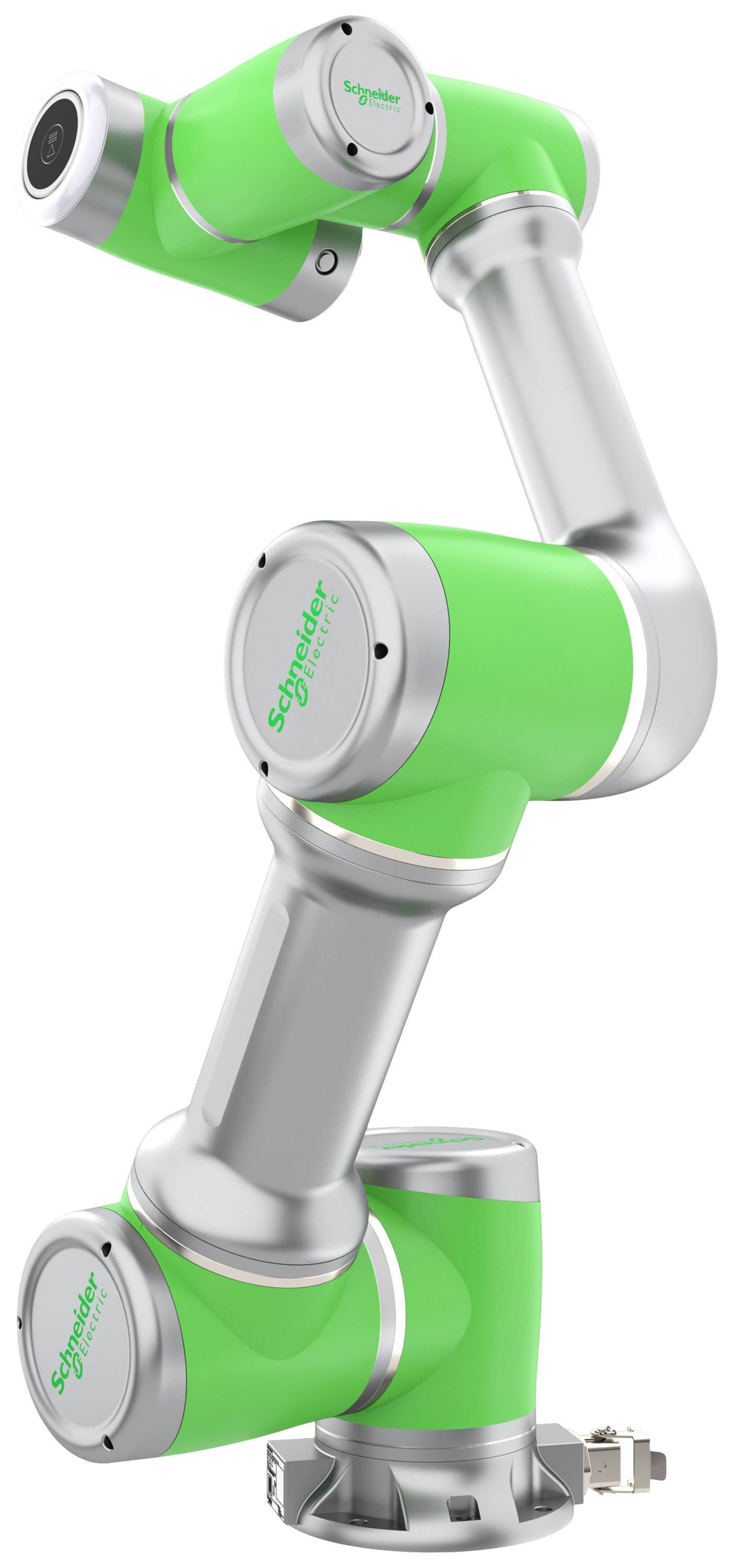 Industrieroboterarm in stralend groen en metaal, toont flexibele gewrichten en compacte constructie. Ideaal voor precisie-automatiseringstaken.