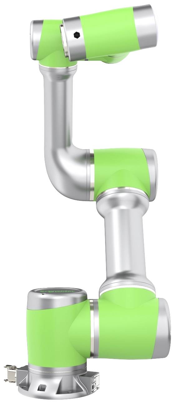 Een zilver-groene industriële robotarm die uit meerdere gewrichten bestaat. De arm wordt afgebeeld in een rechtopstaande positie.