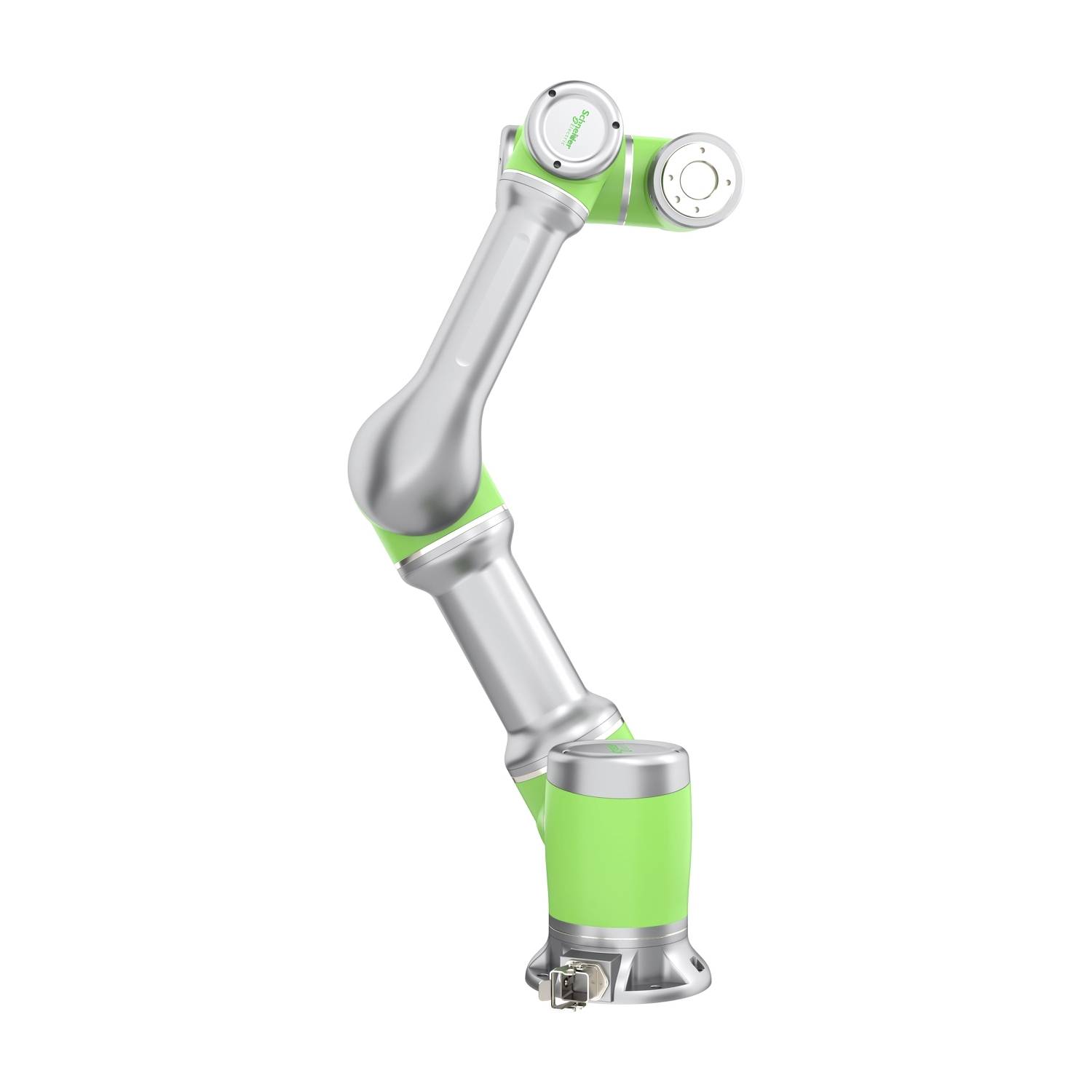 Een zilver-groene industriële robotarm met drie gewrichten, die rechtop staat. Geschikt voor precisiewerkzaamheden in de machinebouw.