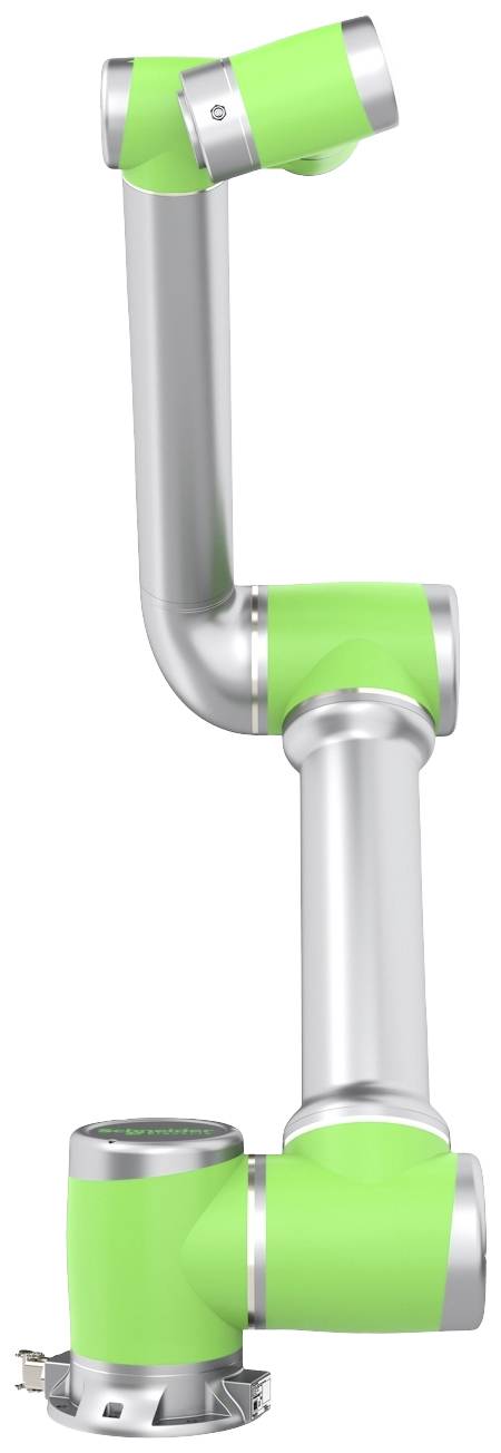 Een zilveren robotarm met groene gewrichten is verticaal uitgelijnd. Mechanische verbindingen en draaipunten zijn zichtbaar.