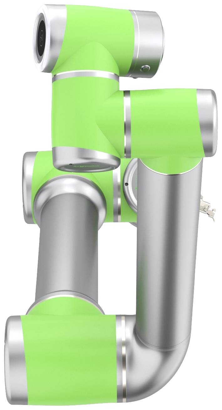 Een metalen robotarm met groene accenten wordt getoond in verschillende gewrichten, wat zijn beweeglijkheid en industriële toepassing symboliseert.