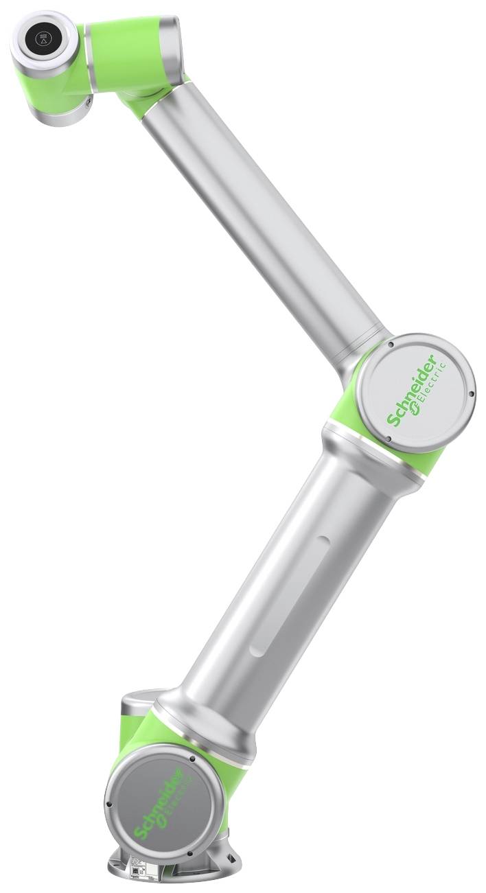 Industriële robotarm in groen en zilver met bedrijfslogo op het gewricht. De arm lijkt ontworpen voor nauwkeurige, geautomatiseerde bewegingen.