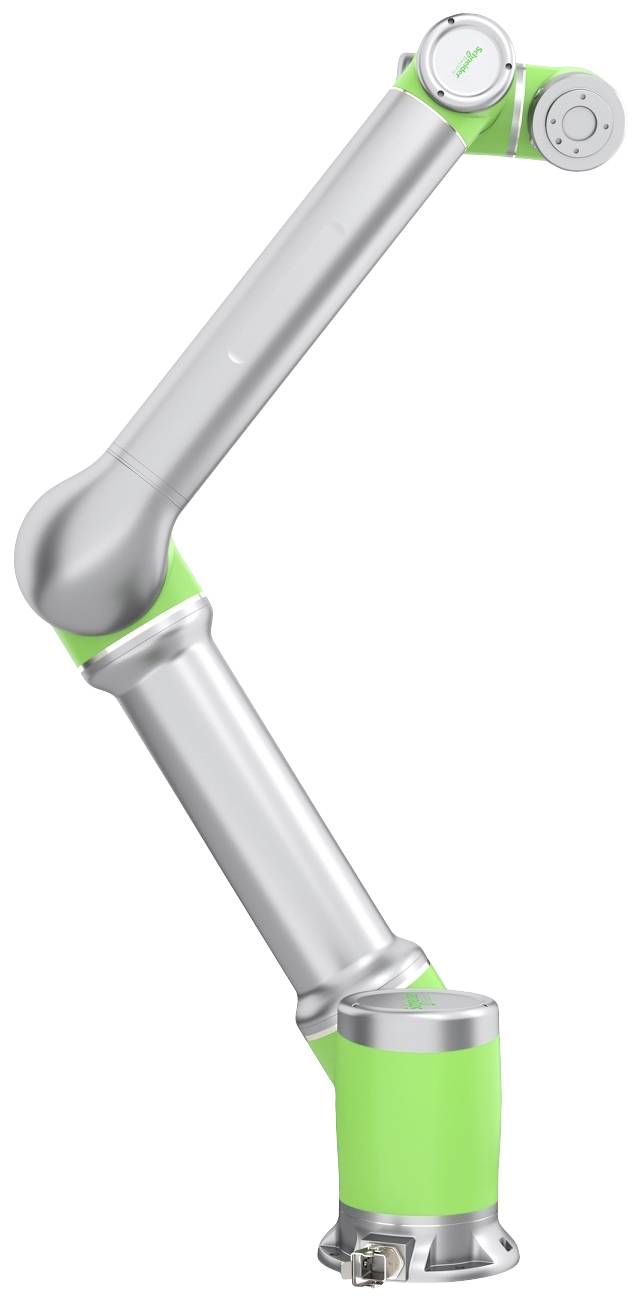 Een zilveren en groene robotarm met meerdere gewrichten. De arm is verticaal gepositioneerd en ziet er technisch en modern uit.