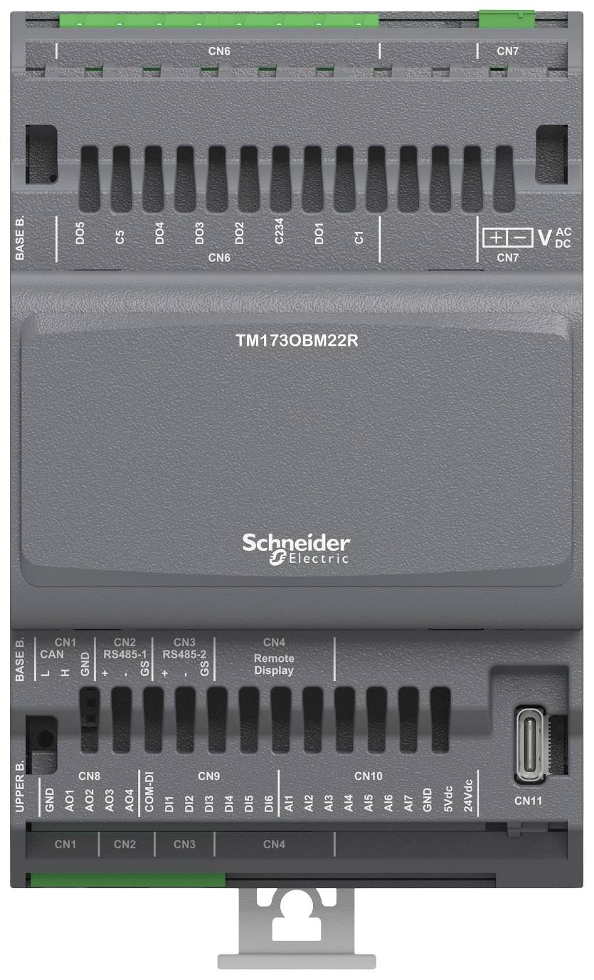 Programmeerbare logische controller (PLC) 'TM1730BM22R' van Schneider Electric met meerdere aansluitingen en een groene bevestigingsclip bovenaan.
