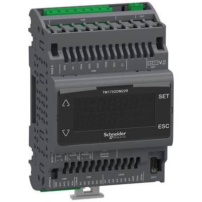 Een programmeerbare logische controller met display en toetsen voor instellingen. Merknaam 'Schneider Electric' zichtbaar. Modelnummer 'TM1730DM22R'.