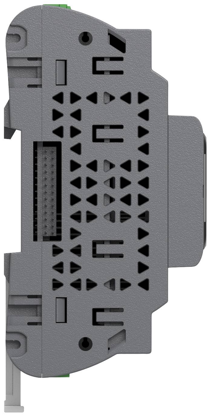 Grijs elektronisch apparaat weergegeven van opzij, met ventilatiesleuven en meerdere aansluitingen. Geschikt voor industriële toepassingen.