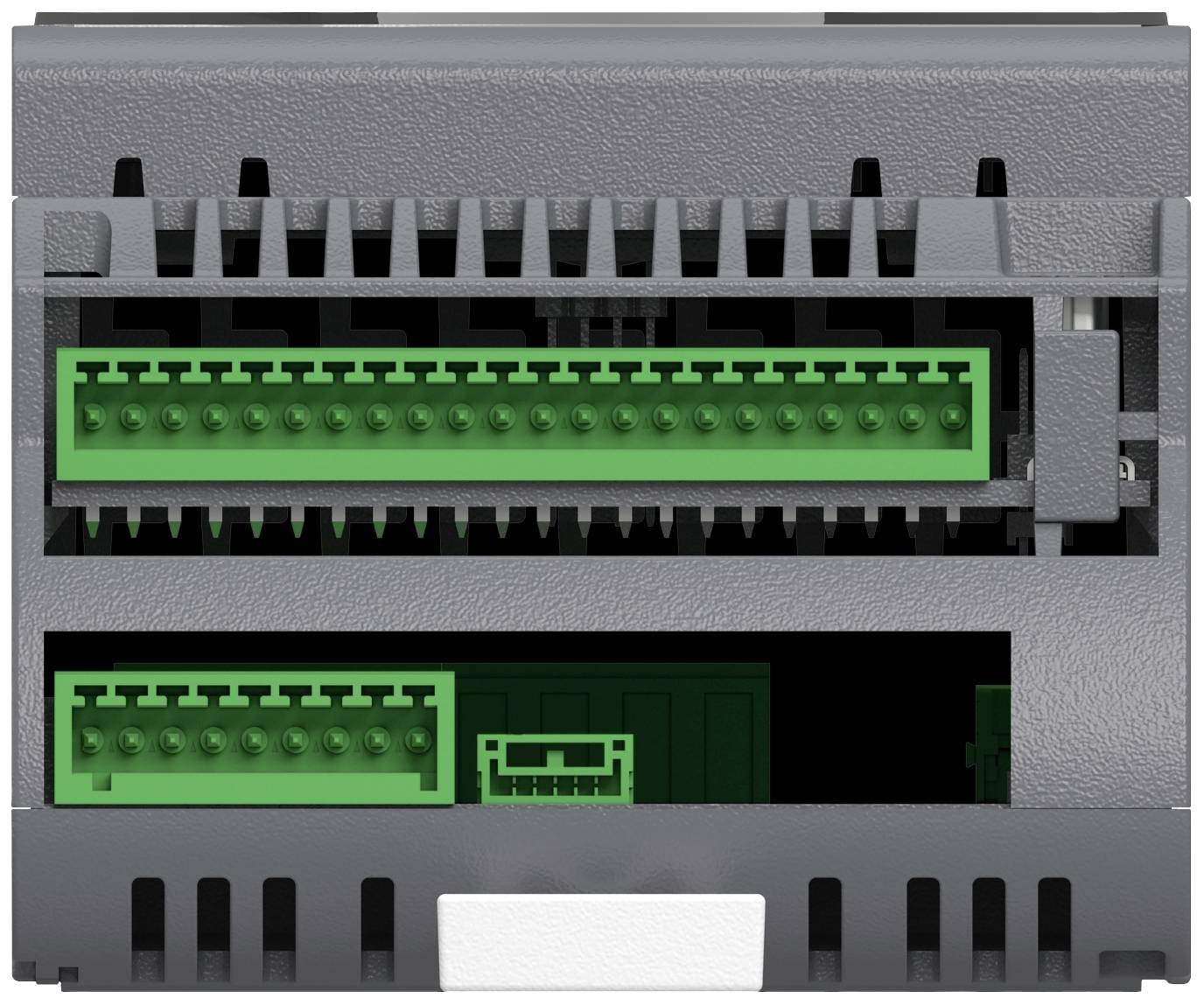 Een technisch apparaat met een grijs behuizing en twee groene aansluitrails, geschikt voor montage in een schakelkast.